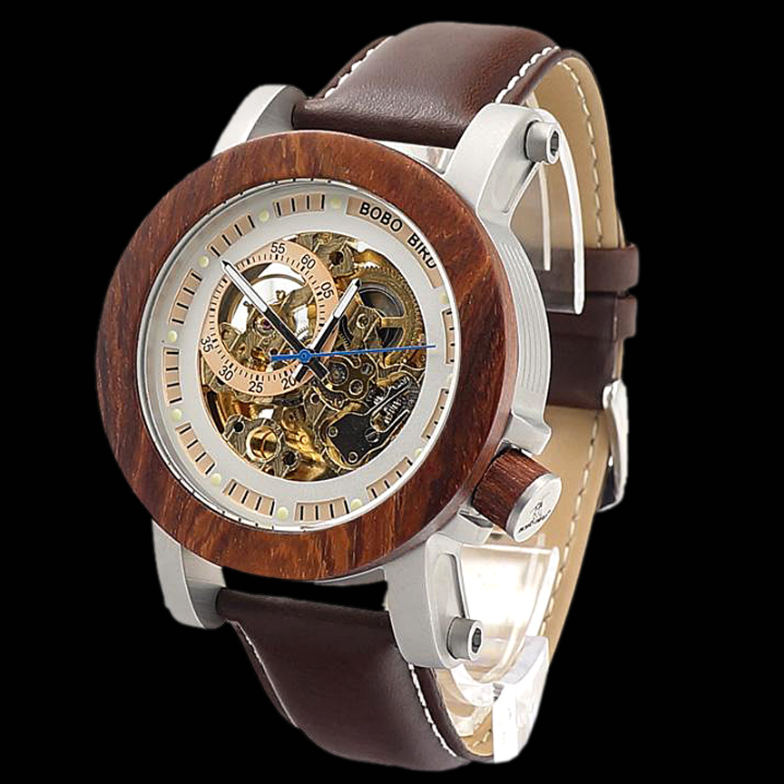 BOBO BIRD WOOD & STEEL VINTAGE STYLE SKELETON MECHANICAL WATCH